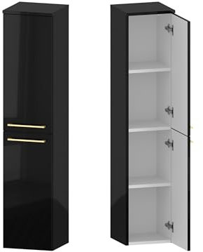 Furni Schwarz hängend Bad Hochschrank mit Eleganter Goldenen Griffen Badschrank Hochschrank für Badezimmer Badezimmer Hochschrank Badezimmerschrank