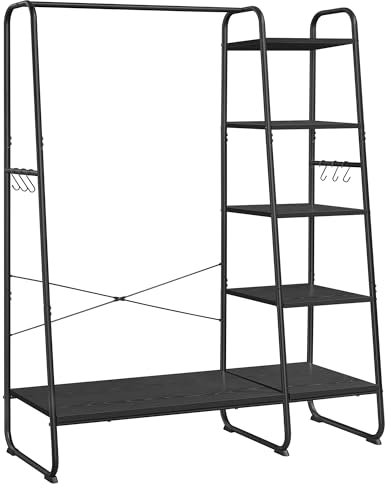 VASAGLE Kleiderständer, Garderobenständer, 45 x 120 x 160 cm Garderobe, Kleiderstange, Schuhablage, offener Kleiderschrank, 6 Haken abnehmbar, Schlafzimmer Flur, ebenholzschwarz-Mattschwarz RGR116B02