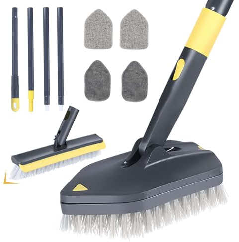 Bathroom Tub and Tile Scrubber, 4 in 1 Long Handled Shower Cleaning Brush with Replaceable Grout Brush Stiff Bristles Brush Scouring Pad and Microfiber Cloth for Toilet Sink Glass Wall Floor