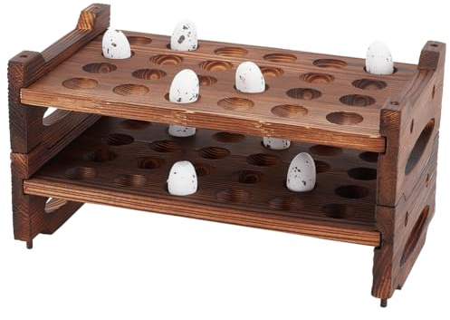 BENECREAT 48 Slot 2 Tier Stackable Wooden Quail Pigeon Egg Holder Rack, Brown, Rustic for Kitchen Storage Display