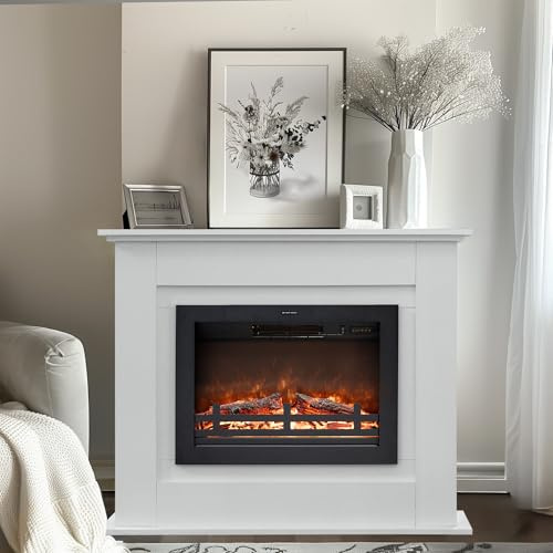 Rodalflame 104cm Chimenea eléctrica con Manto, Caja de Fuego circundante de Madera, Independiente, Brillo de Llama Ajustable, Blanco Marfil, Conjunto de 2
