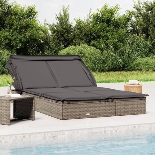 Xichuzi 2-Personen-Sonnenliege mit Dach Grau 213x118x97 Poly Rattan, Gartenliege, Liegestuhl, Sonnenstuhl, Sonneninsel Outdoor, Liegen, Gartenmöbel, Bäderliege, Relaxliege - 319651