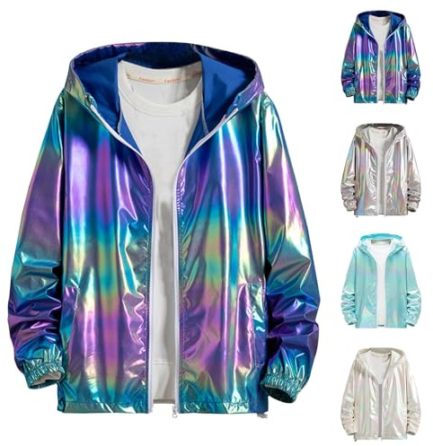 Party Jacke Herren Karneval Kostüm Glitter Disco Outfit 80er Jahre Herren-Jacken Glänzende Sportjacke mit Kapuze Vintage Kapuzenjacke Bunte Softshelljacke Coole Windjacke Y2k Winterjacke Streetwear