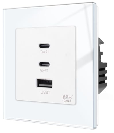 CNBINGO Chargeur USB C, prise de charge rapide encastrée, GaN PD 65W 3 ports chargeur, prise de charge murale avec plaque en verre trempé