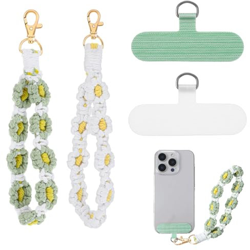 Confezione da 2 cinturini da polso per cellulare, stile bohémien, in macramè, con linguetta di chiusura, universale, grazioso e floreale, multifunzione, compatibile con la maggior parte degli