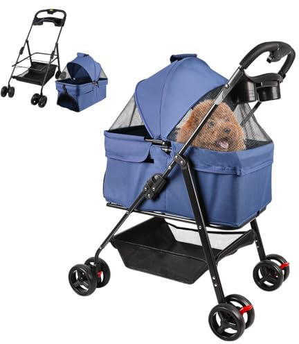 OHMG Hundebuggy, 3-in-1 Kinderwagen für Hunde und Katzen, mit Aufbewahrungskorb, 4 Räder, Kinderwagen für Hunde, faltbar, leicht und praktisch, abnehmbar