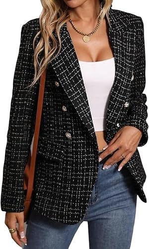 Veste en Tweed pour Femmes Veste de Costume en Tweed à Carreaux Ouverts sur Le Devant,Veste de Bureau Décontractée à Manches Longues,Manteau élégant