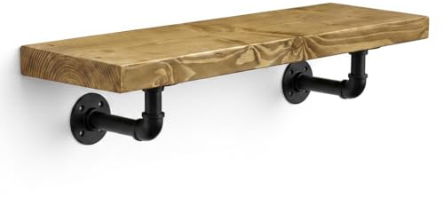 MKGT Handcrafted Rustic Wooden Floating Shelf with Industrial Pipe Brackets – 22cm Deep Solid Pine Wall Shelf, 45mm Thick, Made in the UK, Includes Fixings (Dark Oak, 60cm)