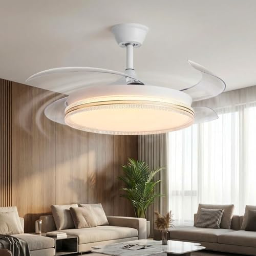 081 Store - Ventilatore da Soffitto con Luce LED e Telecomando, Pale Retrattili Trasparenti, 6 Velocità, 3 Tonalità di Luce, Timer 1/2/4/8H, Motore DC Reversibile Silenzioso, 48 Pollici 120 cm