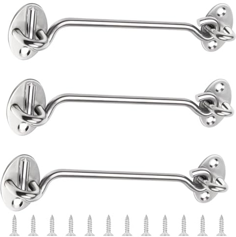 AMONENZ 3 Stück 150mm Sturmhaken mit Öse, Silber Tür Riegel | Edelstahl Sturmhaken Klein, Gartentor Verriegelung, mit 12 Schrauben, für Türen, Fenster, Hundehütten, Schränke