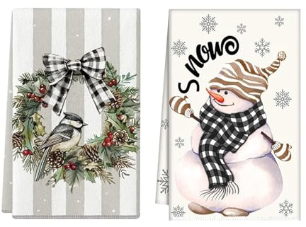 Fesnova Geschirrtücher Weihnachten Set, Schneemann,Vogel und Kranz Design, Buffalo Plaid Muster,40x60 cm,2 Stück,Geschirrtuch für stimmungsvolle Weihnachten,Wohnen Weihnachtstisch Weihnachtsbaum