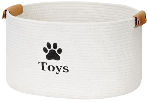 Jumpress Dog Toy Basket, Quality Cotton Rope Dog Toy Storage with Handles, Durable Dog Toy Bin Box for Organizing Pet Supplies, Pet Toys, Collars, Leashes & Accessories (Beige,13’’x9’’x7.5’’)