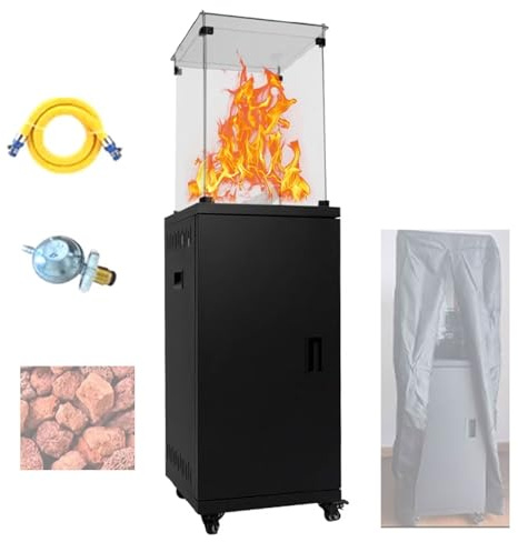 Värmare Terrassvärmare Värmejusterbar 8KW Enkel Tändning Säkerhetsbrytare Galvaniserad Plåt Och Rostfritt Stål 4-sidig Visuell Glasdesign Med Hjul