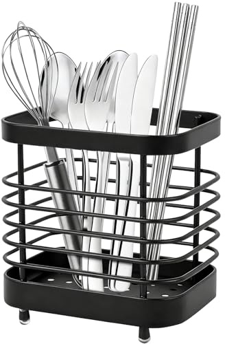 CeruleTree Stainless Steel Sink Caddy Cutlery Drainer, Anti-Rust Kitchen Utensil Holder, Space Saving Premium Cutlery Holder Drainer, Cutlery Organiser for Knives, Forks and Spoons(Black)