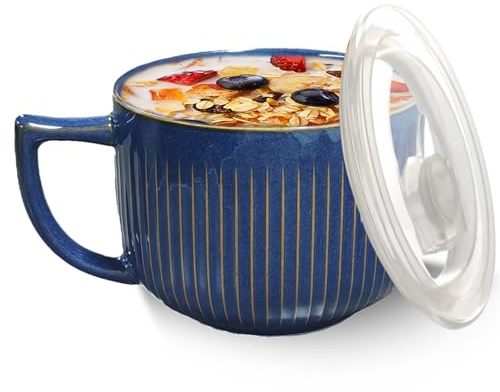 Bol à soupe en céramique avec anse - 900 ml - Pour micro-ondes - Avec couvercle - Grand bol à ramen - Pour déjeuner, pâtes, fruits, céréales - Bleu rétro
