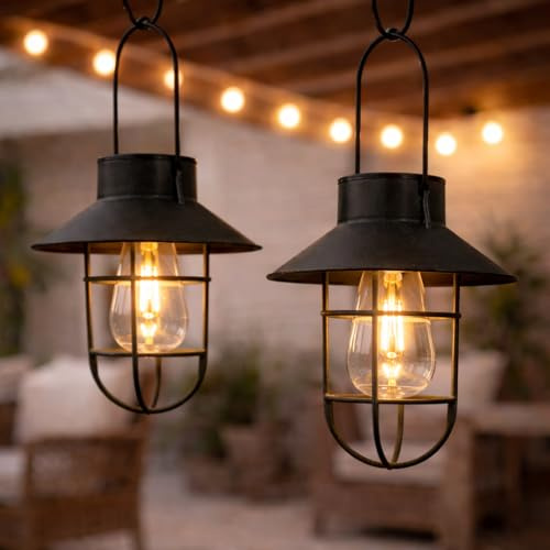 Festive Lights 2er Set 21cm Solar Hängeleuchte für den Außenbereich Schwarz Solarlaterne für außen hängend Shabby Chic Deko Solarbetriebene Laterne Vintage Beleuchtung (2, Schwarz)