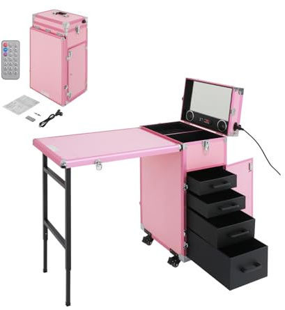 LENJKYYO Nagelbord, manikyrbord, vikbart mobilt rullande manikyrbord med 4 lådor, fjärrkontroll och Bluetooth, nagelbord med 4 lådor, sminkvagn för studio och på språng (rosa)