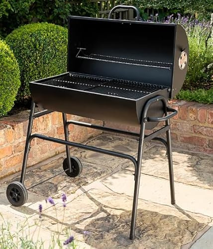 Barrel Charcoal BBQ Grill, Black, Steel, Outdoor Garden Barbecue with Lid, Wheels, and Warming Rack