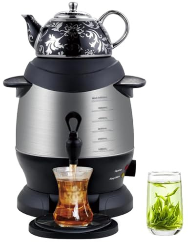 Macchina per Tè Elettrica Turca 1800W In Acciaio Inox con Capacità di 5L e Teiera In Ceramica da 1L, Funzione Mantieni Caldo per Caffè, Tè, Acqua Calda