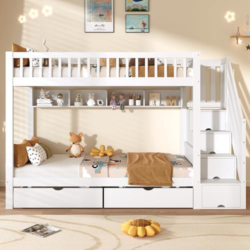 Merax 3ft Single Loft Bed, Children's Storage Bed, Solid Wood Bunk Bed Frame, with Under Bed Drawers, Integrated Stairway Storage, Shelving & Hidden Lockers, White/90x190 cm & 90x190 cm (No Mattress)