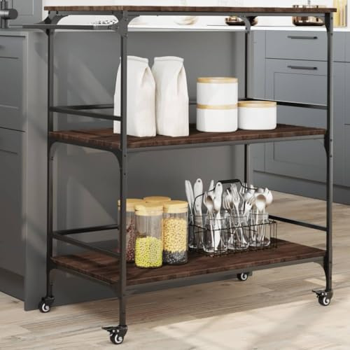 Drillkyn Köksvagn i brunt ekutseende med stålram, 100,5 x 50 x 105 cm, rullvagn som serveringsvagn, sidovagn, arbetsvagn, med förvaringsutrymme, hylla och handdukshållare