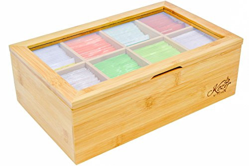 Caja de té de bambú, organizador de almacenamiento, 100% de madera natural acabado bolsa de té organizador 8 compartimentos de almacenamiento y tapa transparente inastillable con bisagras