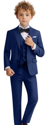 Addneo Boys 5 Pcs Suit Set Formal Dress Shirt with Bowtie Vest Pants Toddler Boy Tuxedo Suits Navy Blue，2T
