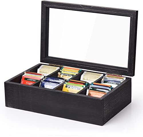 Alsonerbay Wooden Tea Box Tea Bag Holder Kitchen Storage Chest Box for Spice Pouches and Sugar Packets with 8 Compartments and Glass Window Weathered Black