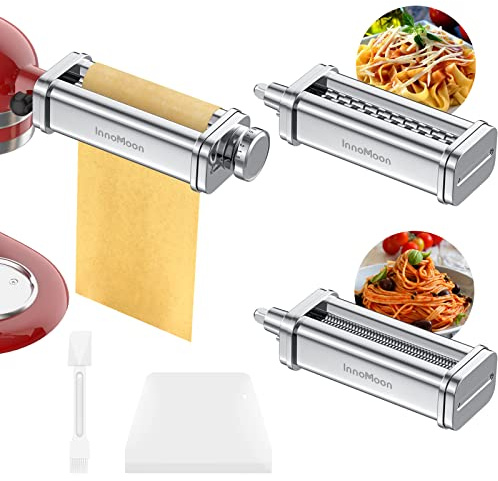InnoMoon Pasta Maker Aufsatz für KitchenAid Mixer, 3er-Set, inklusive Pasta-Blechroller, Spaghetti, Fettuccine Ausstechformen, Nudelaufsatz, Edelstahl-Zubehör für KitchenAid