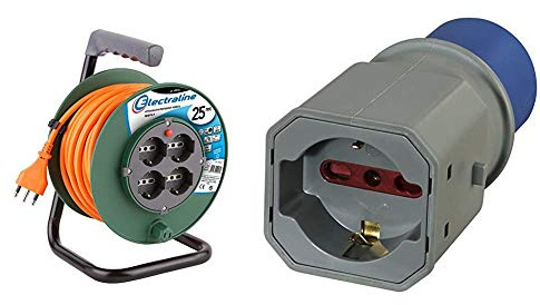 Electraline 49108 Prolunga Elettrica 25 mt con Avvolgicavo 4 Prese Polivalenti & 80863 Adattatore Spina a 3 Poli Industriale CEE Presa polivalente
