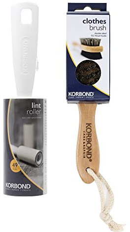 Korbond Clothes Dry Cleaning Total Solution – 1 Double Sided CLOTHES BRUSH & 1 LINT ROLLER (7.4m/49 Sheets) – Suitable for use on All Fabrics – Remove Inground Mud, Dust, Lint and Hair
