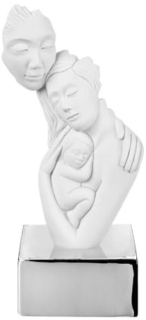 MAZZOLA LUCE Soprammobile statuina scultura famiglia con bambino design moderna gesso bianco base colore argento bomboniera regalo nascita