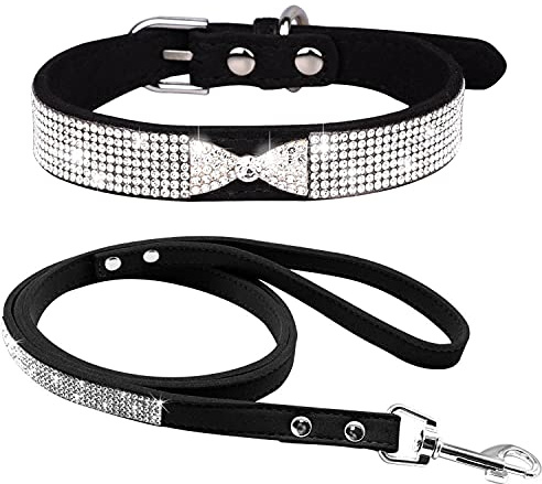 haoyueer Strass-Hundehalsband, niedlich, schillernd, funkelnd, weiches Wildleder, für Hunde und Katzen, Strass, Halsband, Leine, Kristall, Diamant, Haustier, Welpen, Halsband (L, Schwarz-3)