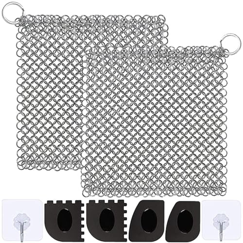Ringreiniger Dutch Oven, Gusseisen Reiniger, Grill Bürste Reinigungsset, 316 Edelstahl Kettenschrubber, Topfreiniger mit Schaber, BBQ Dutch Oven Zubehör für Gusseisen Pfannen, Töpfe, Grillpfannen,Woks