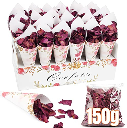 Mbsomnus Wedding Decorations, 30pcs Wedding Confetti Cones, 150g Dried Rose Petals Biodegradable, Confetti Holder Decoration for Birthday Party Anniversary Ceremony Photography Wedding Favours
