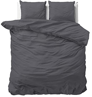 Sleeptime 100% Baumwolle Bettwäsche 240cm x 220cm Anthrazit - weich & bügelfrei Bettbezüge mit Druckknöpfe - Einfarbig Bettwäsche Set mit 2 Kissenbezüge 60cm x 70cm