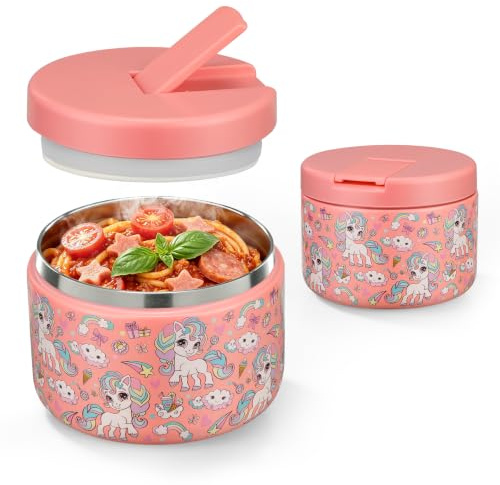 Pawtong 12oz Insulated Vacuum Food Jar with Buckle Lid Wide Mouth Soup Thermo for Hot Food Kids Leakproof Stainless Steel Lunch Container (Pink-Horse)