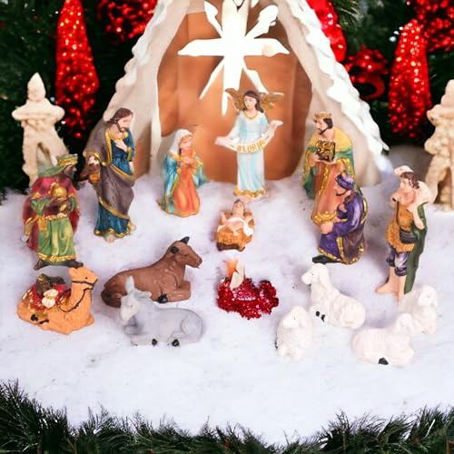 KariGhar® 15 pcs Nativity Set | Crib Set Perfect for Christmas Gifting|Decor ( Pack - Mary,Joseph,Baby Jesus, Angel, 3 Wise Men,Shepherd, 7 Animals (3 Inch (Multi,A0139))