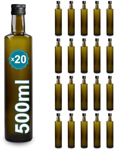Espirito Rebelde 20 Bouteilles en Verre Foncé de 500ml avec Bouchon a Vis Noir | Protection UV | Idéal pour Huile d'Olive, Vinaigre | Huilier