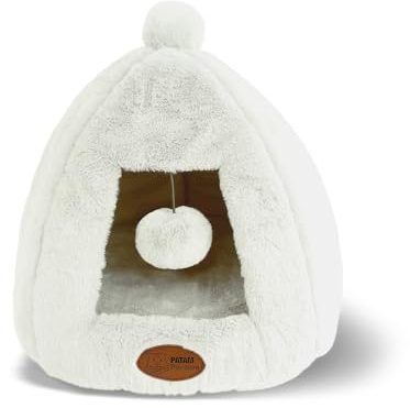 PATAM Hundehütte für Hunde und Katzen, rutschfest, aus weichem Plüschstoff, waschbar, Design mit Kugel, Igloo Cremeweiß, 43 x 43 x 43 cm