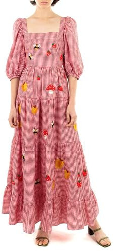 Acrawnni Women's Floral Embroidered Maxi Dress Bohemian Puff Sleeve Square Neck Backless Ruffle Tiered Flowy Dress Summer Beachwear (A-Red, x_l)