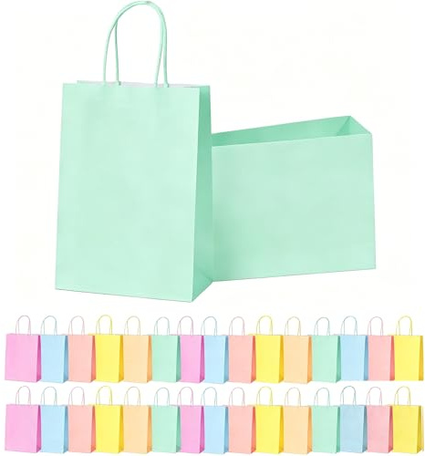 30 Stück Papiertüten Bunt mit Henkel Geschenktüten Klein Papier Grün 22x16x8cm, Robuste Tüten Krafttaschen Taschen für Kindergeburtstag, Hochzeiten, Verpackungen, Partys, Weihnachten,Süßigkeiten, DIY
