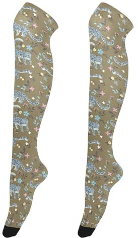 linqin Niedliche Leoparden-Blumen, Schlauchsocken für Damen, leicht, extra lang, Fußballsocken für Damen, hohe Stiefelstrümpfe, Beinstulpen, Niedliche Leoparden-Blumen, Einheitsgröße