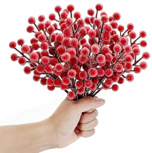 KKSTY 16 tallos de bayas artificiales esmeriladas – 8 pulgadas, bayas de acebo, ramas de relleno para decoración de árbol de Navidad, suministros para hacer coronas, manualidades, decoración del hogar
