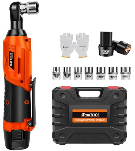 EFAN Clé à Cliquet Électrique Sans Fil 3/8 pouces, Outils Électriques à 90 Degrés de Bricolage à Cliquet 12V, 40N.m 2300RPM avec 2 x 1.5Ah Batteries et Chargeur, 7 Douilles - Orange
