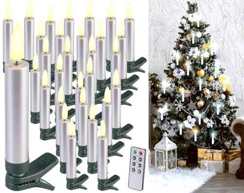 Lunartec Candles: 30er-Set LED-Weihnachtsbaumkerzen mit Dochten und Flammen-Effe, Silber (Weihnachtsbaumbeleuchtung, LED Kerzen, 3D)