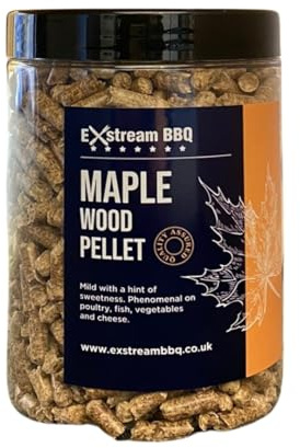Exstream BBQ Premium Wood Smoker Pellets | Smoking Pellets For BBQ Woodfire Pizza Grill | Compatible With All Brands Of Outdoor Cooking Appliances | 1 x One Litre Pellets + Storage Jar Maple