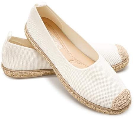 GLAMORA Bailarinas Mujer Esparto Zapatos Planos de Punto Transpirable Manoletinas Mujer Suela Goma con Borde Estilo Alpargata Merceditas Cómodas Ligeras Calzado Verano Mujer Slip On white-36