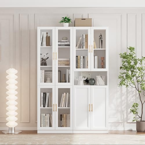 VOWNER Bücherregal mit Glastüren, 5-stöckiges Bücherregal mit Verstellbarem Regalboden, Modernes Großes Aufbewahrungsvitrinen-Set für Home Office, Wohnzimmer, Weiß(CD)