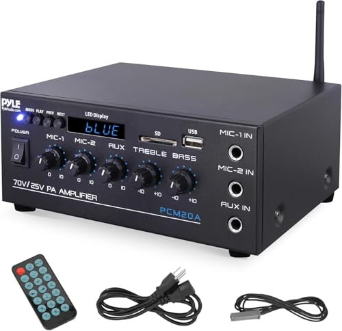 Pyle Compact Mini Home Power Amplifier - 40W Smart Small Audio Stereo Receiver w/AUX, 2 Microphone IN, COM/8-Ohm/25V/70V Speakers, LED, Input Selector, For PA, Amplified Speaker Sound System